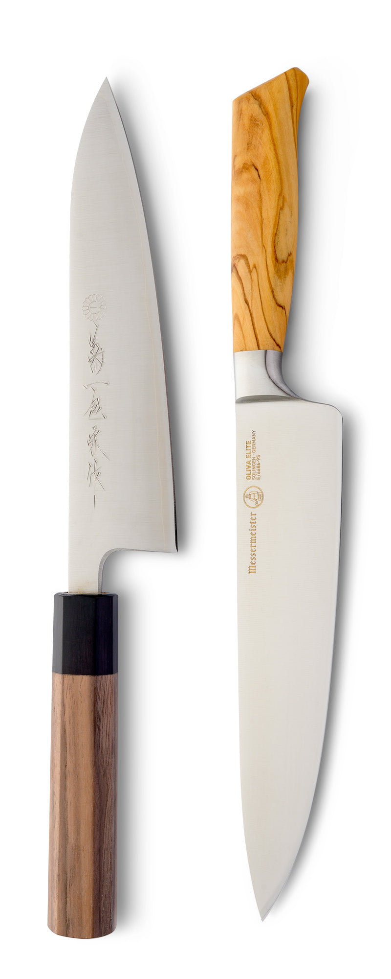 Japanese Style Kitchen Knife Next To A German Style Knife