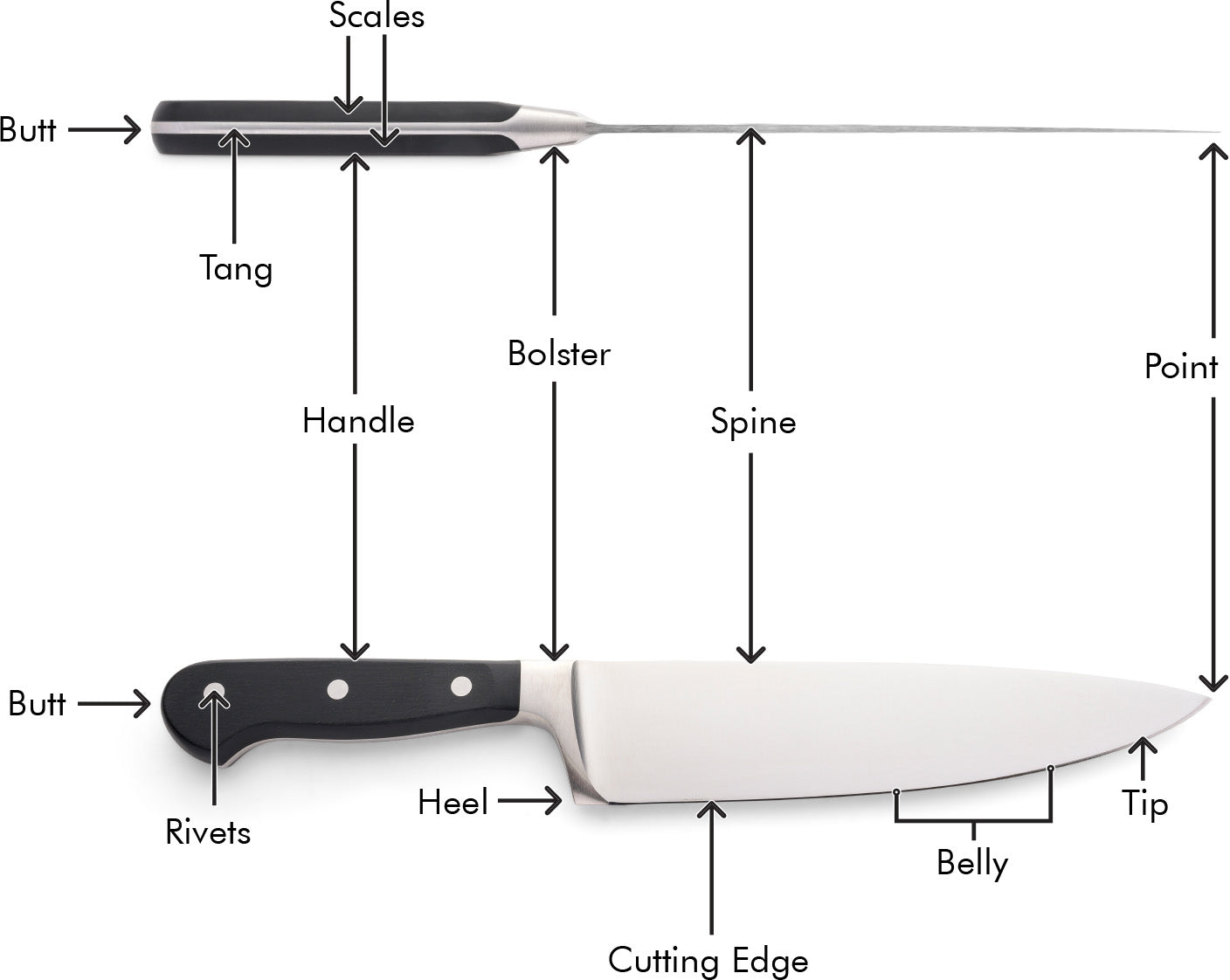 German Double-Bevel Full Bolster Anatomy Diagram