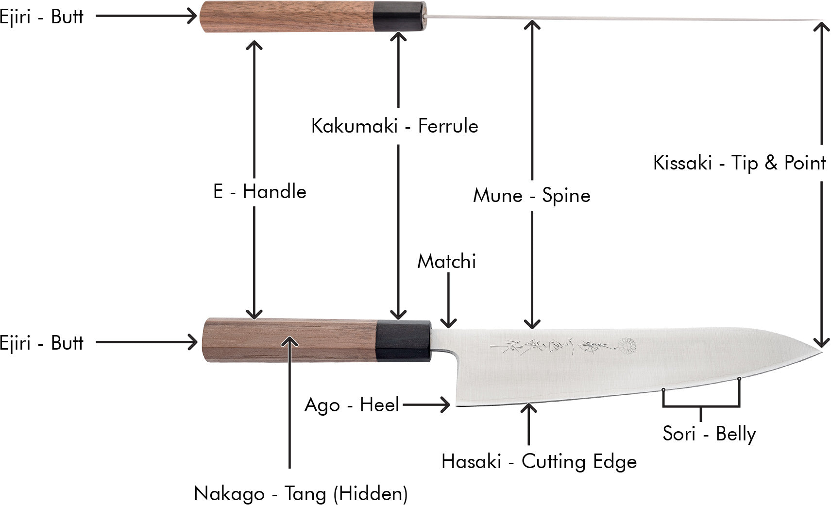 Japanese Double-Bevel Wa Handle Knife Anatomy Diagram