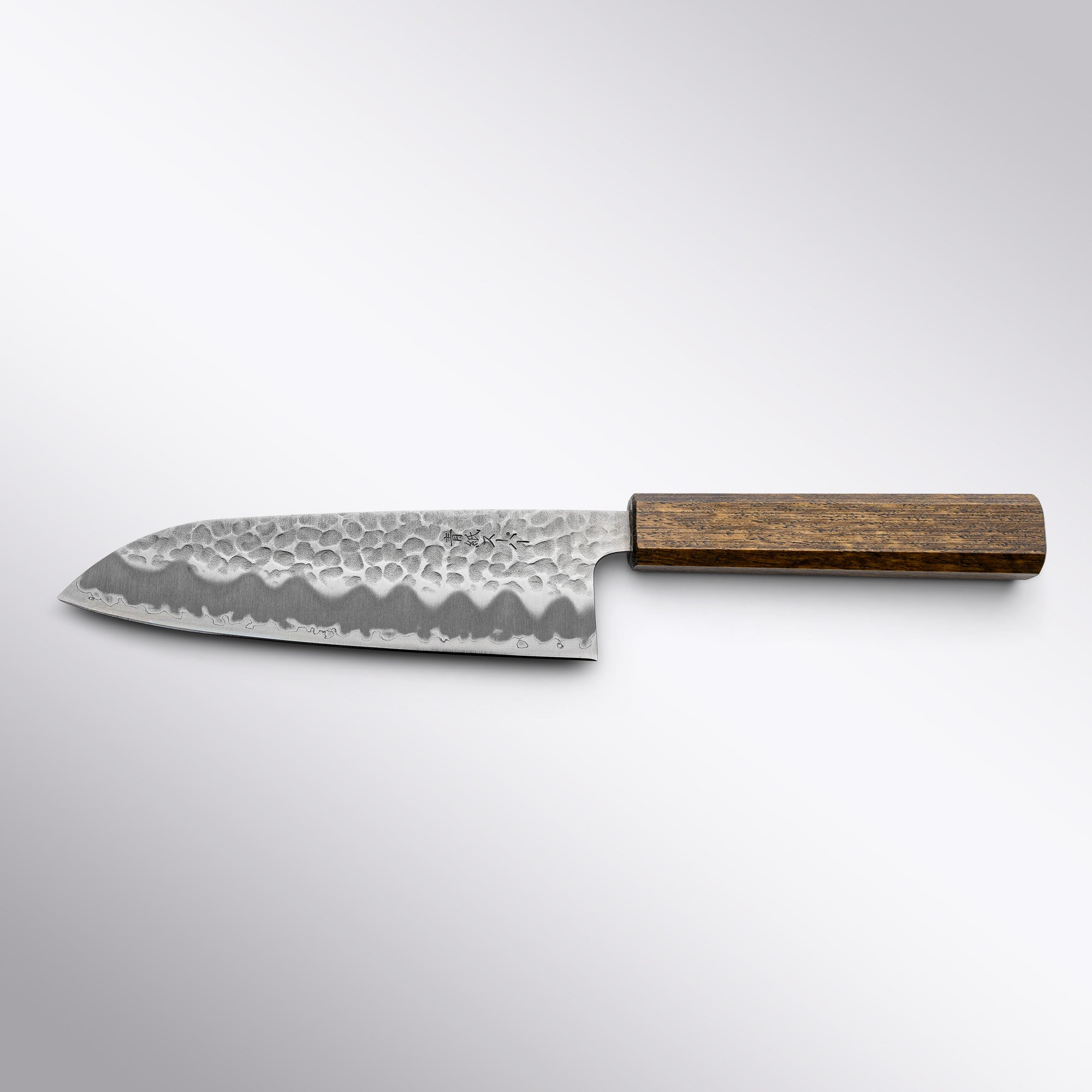 Touroku Sakai Blue Super Stainless Clad Hammered Santoku Back View
