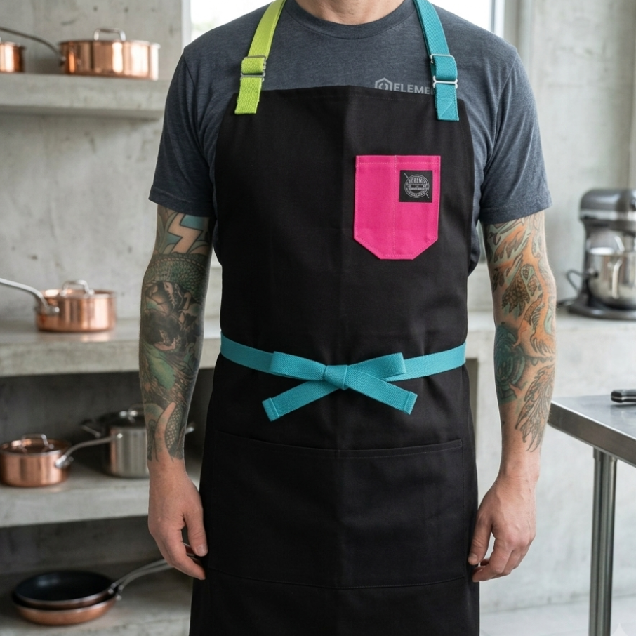 A pro chef standing in a top-tier commercial kitchen, showing an exclusive Element Knife Company's 80' Mixtape colorway bib apron hand-sewn by Union Stitch & Design.