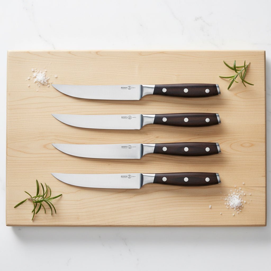 Messermeister X50 Stainless Steel Avanta 4 Piece Steak Knife Set – Smoked Teak Handle Messermeister - Element Knife Company