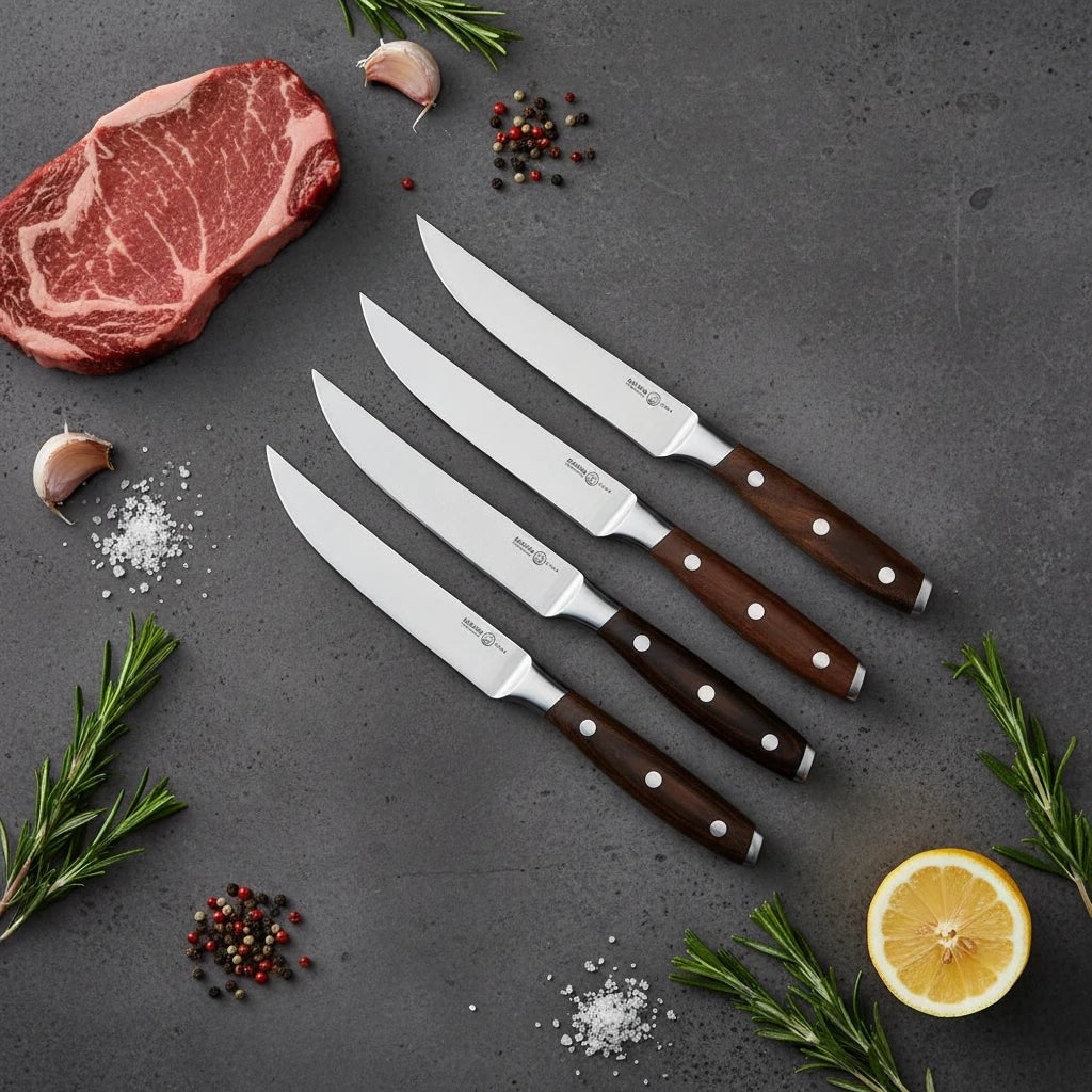 Messermeister X50 Stainless Steel Avanta 4 Piece Steak Knife Set – Smoked Teak Handle Messermeister - Element Knife Company