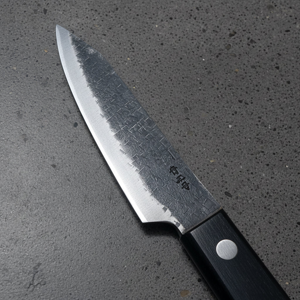 Shigeki Tanaka Blue 2 Kurouchi Tsuchime Stainless Clad Petty 120mm Shigeki Tanaka - Element Knife Company