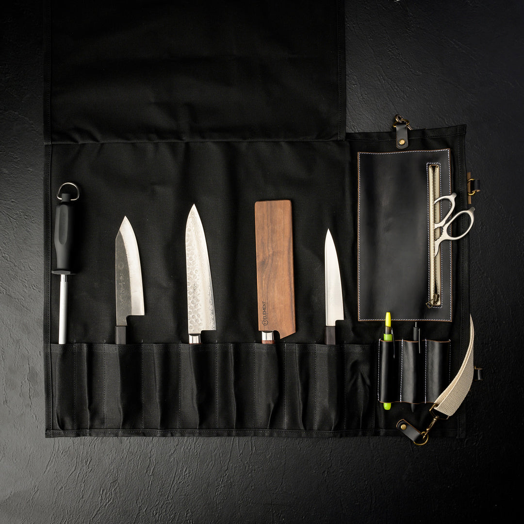 Chef's Knife Roll, 10 Pocket Canvas and Leather Knife Bag